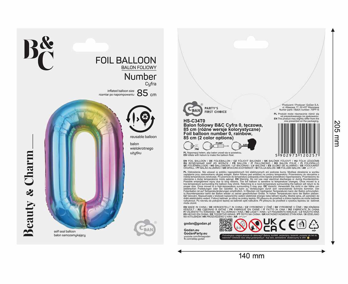 Foil balloon number 0, rainbow, 85 cm